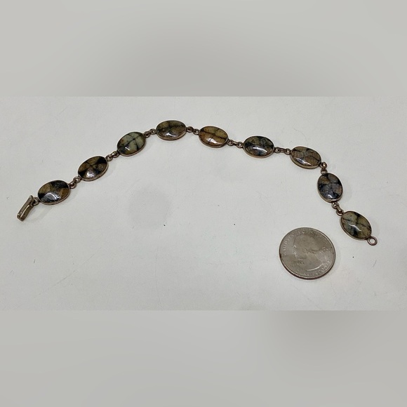 Victorian Era Antique Silver Encased Polished Stone Vintage Link Bracelet - Picture 5 of 15